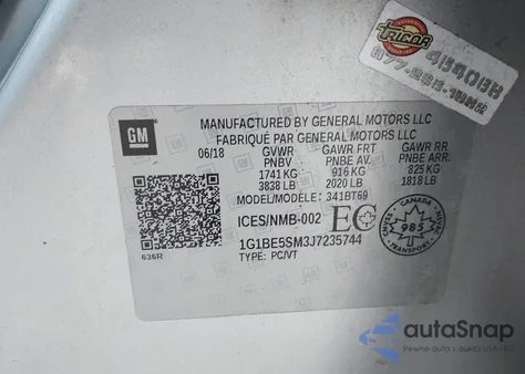 2018 Chevrolet Cruze Lt Auto из США, поврежденный, VIN 1G1BE5SM3J7235744